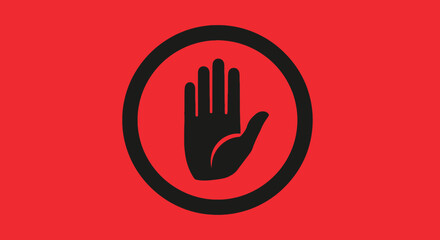 Obraz premium A bold black stop hand symbol within a black circle on a vibrant red background, signifying prohibition or warning.