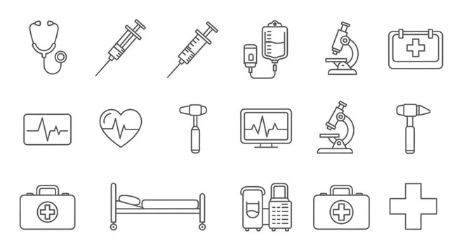 Comprehensive Medical Equipment and Healthcare Service Line Icons Set on Isolated White Background