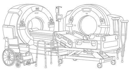 Obraz premium Detailed Hospital Room with MRI Machine, Patient Bed, Wheelchair, and Crutches Line Art on Isolated White Background