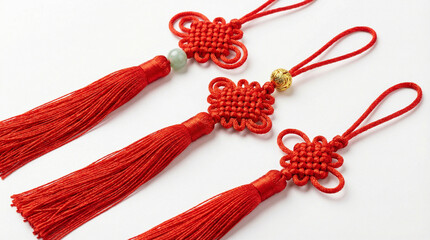 Three Traditional Red Chinese Decorative Knots with Tassels on White Background