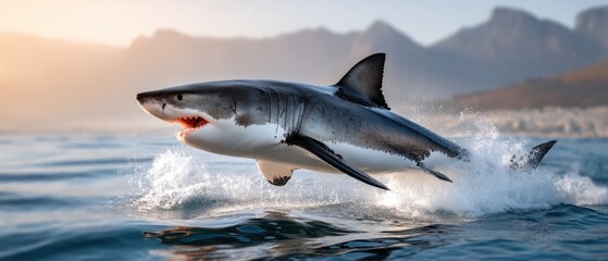 Fototapeta premium Dramatic shot of white shark jumping out of water with mouth open against ocean background captured in wildlife scene