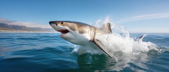 Fototapeta premium Dramatic moment of white shark jumping out of ocean with mouth open in wide-angle shot, captured during daylight near coastal area