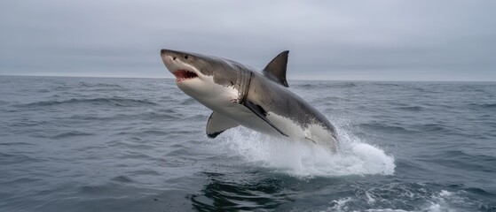 Fototapeta premium Dramatic shot of a white shark jumping out of water with mouth open in action captured against ocean background using wide-angle lens