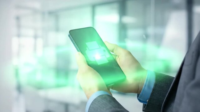 Close-up of a professional using a smartphone for secure mobile document management and wireless printing in a modern office.