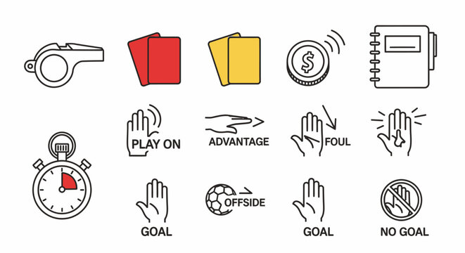 Set of Soccer Referee and Game Action Icons, Including Whistle, Cards, and Hand Signals for Fouls or Goals on an Isolated White Background.