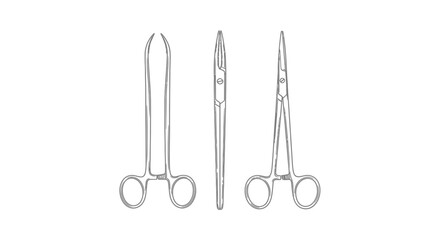 Collection of Surgical Instruments Forceps and Scissors Outline on Isolated White Background.