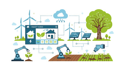 Fototapeta premium Flat lay illustration of sustainable technology and renewable energy concepts with robotic arms, solar panels, and wind turbines in a green and blue color scheme on a white background.