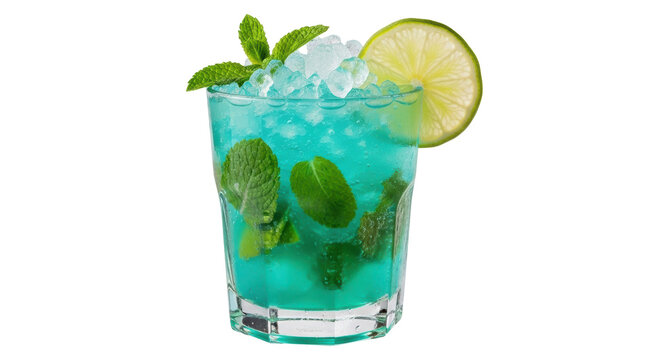 Refreshing blue lagoon cocktail with lime and mint isolated PNG, summer drink for party and bar menu on transparent background