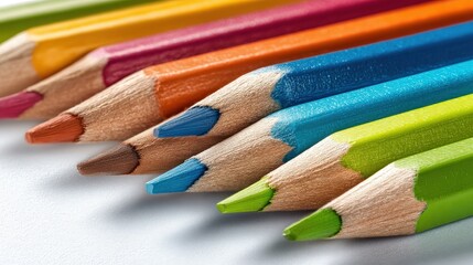 Fototapeta premium Row of sharpened colored drawing implements rests diagonally across a white surface.