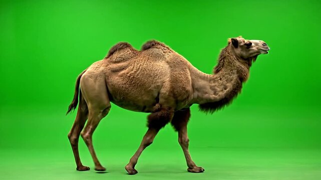 Two humped Bactrian camel walking in profile isolated on green screen background, desert mammal for chroma key compositing