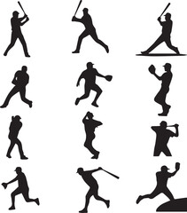 Obraz premium Baseball Player Action Silhouettes Showing Various Positions