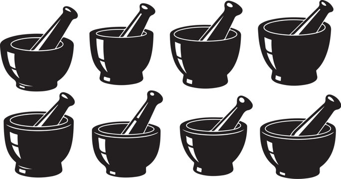 Set of mortar and pestle illustrations in black color
