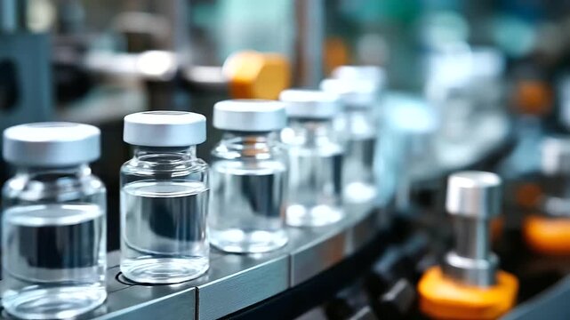 Rows of empty pharmaceutical glass vials with silver caps, lined up for production in clean manufacturing facility, sterile packaging preparation, defocused vial arrangement, with