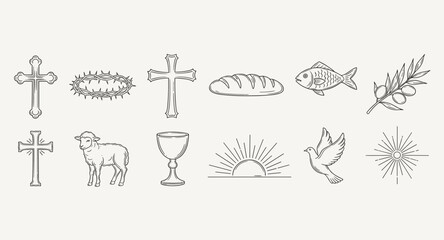 Fototapeta premium Collection of Christian symbols including crosses, lamb, bread, fish, dove, and more