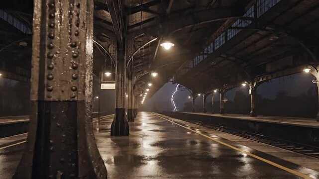 Low-angle view of empty train platform under rain-soaked streetlights