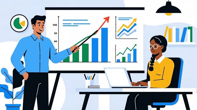 Business colleagues analyzing data on a presentation board video