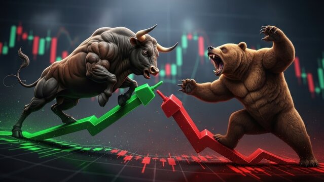 Two bears on a stock market chart. The bear market concept of volatility and uncertainty.