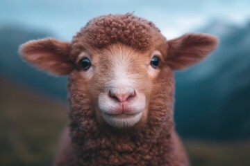 Obraz premium A sheep looks directly at the viewer in a field with mountains behind it