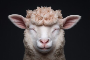 Obraz premium Fluffy sheep with closed eyes stands still against dark background