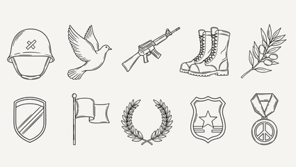 Collection of military and peace symbols in a hand-drawn outline style