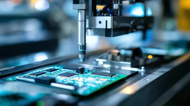 Automated machinery placing microchips onto circuit boards, precision robotics for semiconductor production, advanced technology modern assembly line, electronics manufacturing