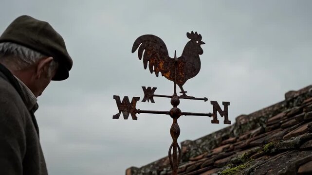 Man adjusting rusty metal rooster weather vane on tiled roof