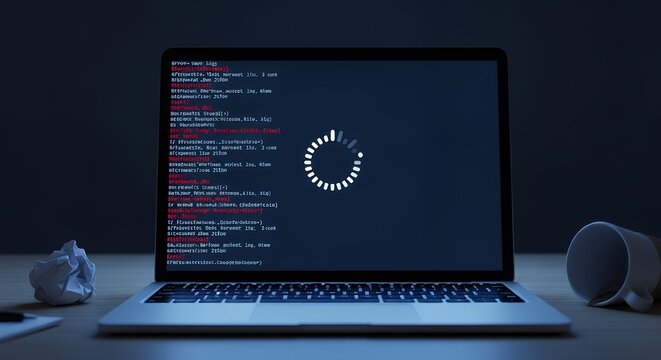Realistic laptop screen showing infinite loading spinner with hidden error log behind dim workspace lighting communicating frustration and stalled performance