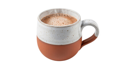 Obraz premium Rustic ceramic mug with hot chocolate isolated PNG, cozy drink with foam on transparent background for winter holidays and cafe menus