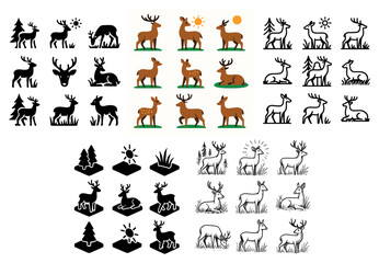 Obraz premium Stylized deer collection: silhouettes & icons