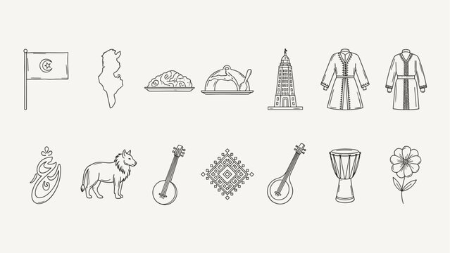 Collection of Tunisian cultural symbols and landmarks in a simple line art style