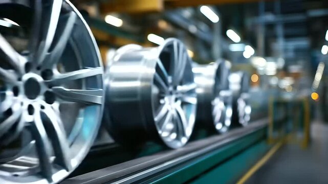 Close-up showcasing row of gleaming alloy wheels on factory conveyor belt, metallic surfaces subtly illuminated, modern automotive manufacturing facility, defocused conveyor