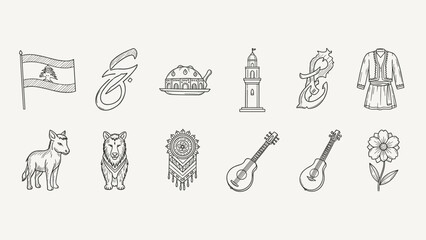 Obraz premium Collection of hand-drawn icons representing cultural symbols and elements