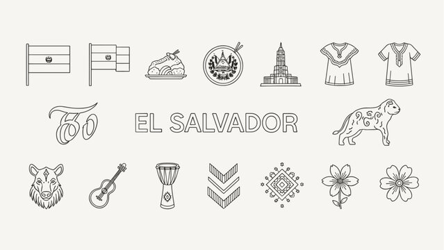 El Salvador cultural symbols and landmarks in a line art collection