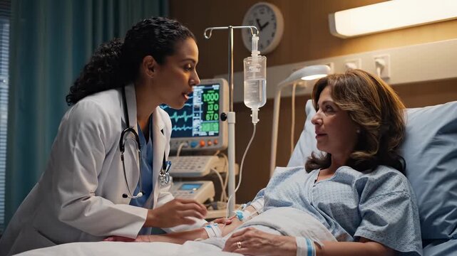 Female doctor assists patient in hospital room. Medical professional provides compassionate care and support. Healthcare environment emphasizes trust and healing atmosphere.