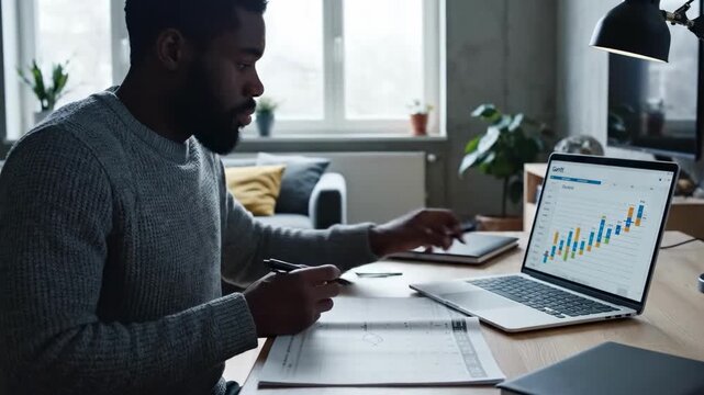 Man analyzing Gantt chart on laptop and paper in home office