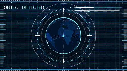 Digital radar display showing a glowing world map with detection lines © Nipa