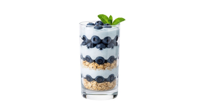 Delicious blueberry parfait in glass isolated PNG, layered dessert with yogurt, granola and fresh mint on transparent background