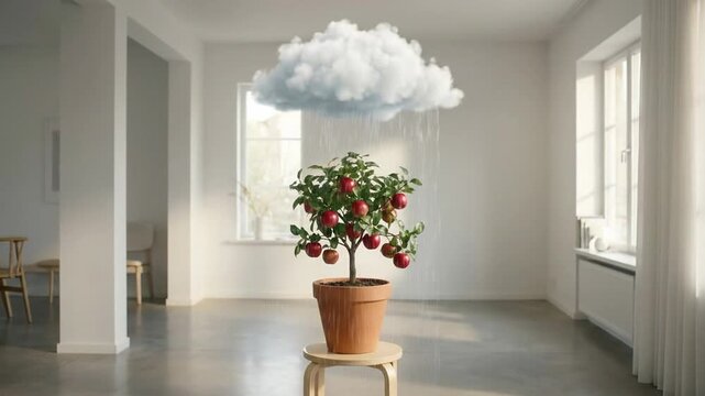 Surreal concept of a small fluffy cloud raining on a potted apple tree inside a minimalist room symbolizing localized food independence and home farming.