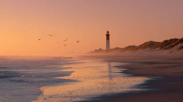 Morgend&Atilde;&curren;mmerung am Nordseeleuchtturm von List, Sylt &acirc;&euro;&ldquo; sanfter Himmel, ruhiges Meer