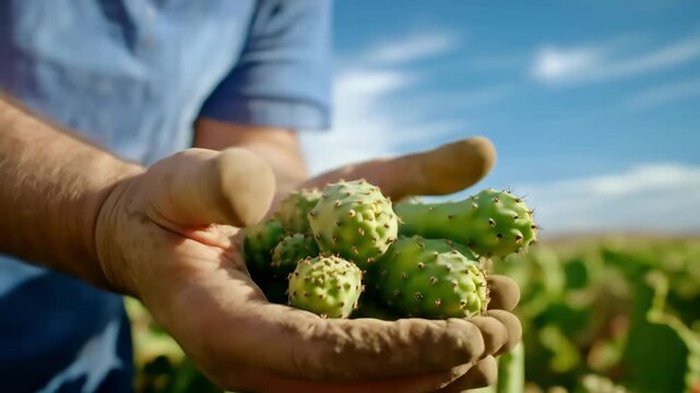 Adult farmer holds fresh green prickly pear fruit in a close-up shot during harvest on a sunny day in a cactus field.