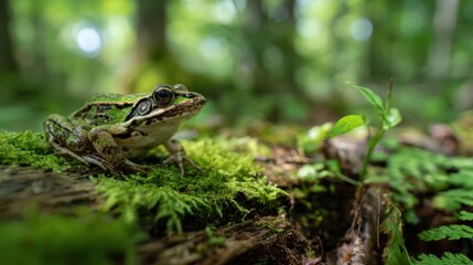 Natural forest scene featuring a wood frog resting among leaf litter and moss