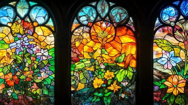 Detailed panning shot of intricate stained glass window panels featuring vibrant lilies, hibiscus, and spring flowers.