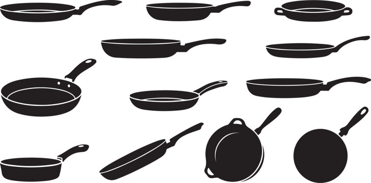 Collection of various black frying pans and skillets illustration
