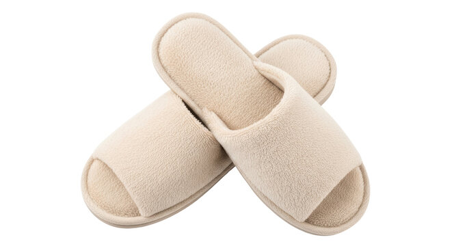 Pair of beige open toe slippers isolated PNG on transparent background, comfortable footwear for home relaxation and spa use