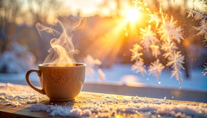 Hot coffee steam against frosted glass evoking warmth, smell, and winter comfort.