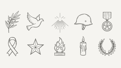 Fototapeta premium Collection of symbols representing peace, remembrance, and military service in a hand-drawn style