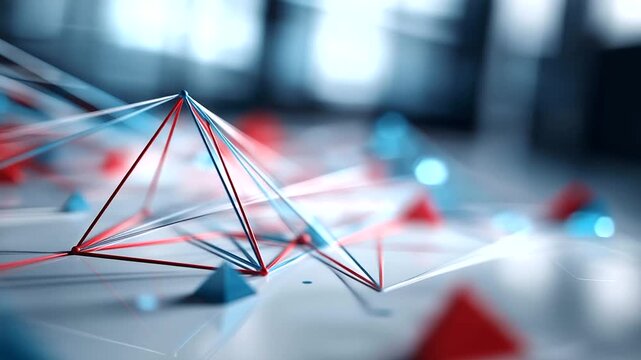 White background with red and blue lines forming triangle, defocused futuristic geometric composition, angular design, modern abstract pattern, tech-inspired aesthetic, with copy
