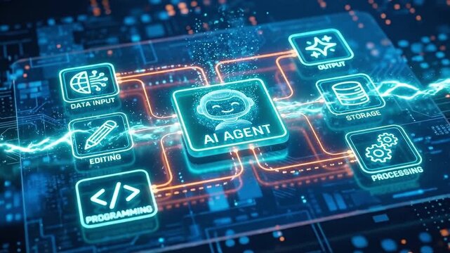 Abstract visualization of an AI agent orchestrating complex data processing and digital operations on a futuristic network interface