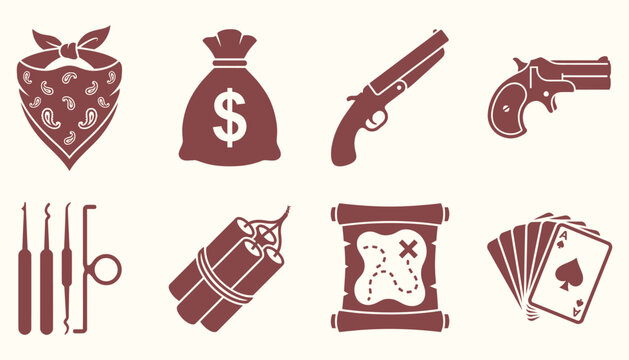 Western Bandit Icon Set Outlaw Gear and Heist Tools Silhouettes