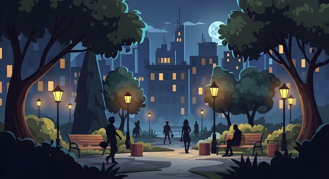 Night City Street with Park and Buildings Parallax Cartoon Vector Background